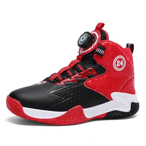 BIackPig Kinder Basketballschuhe Kinder Sportschuhe Twist Schnalle Turnschuhe Jungen und Mädchen Basketballschuhe Schwarz rot 36 EU von BIackPig