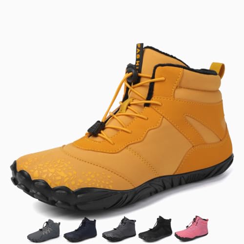 BIackPig Winter Barfußschuhe Damen Herren Wasserdicht Schnell Trocknend Traillaufschuhe Wanderschuhe Zehenschuhe Hohe Warme und rutschfeste Stiefel gelb 43EU von BIackPig