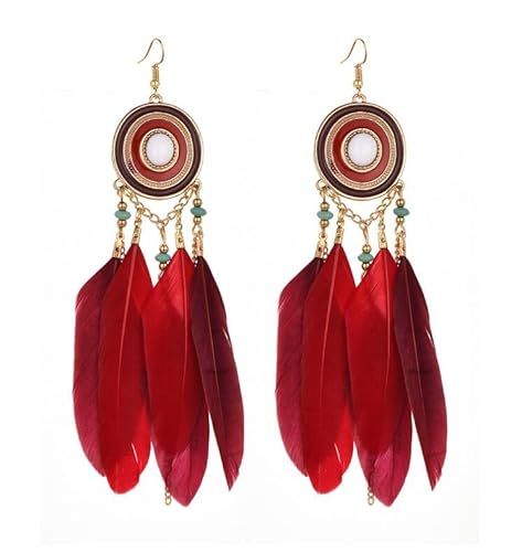 Earrings Elegante Ohrhänger Fransen Feder Lange Boho Rot von BJH
