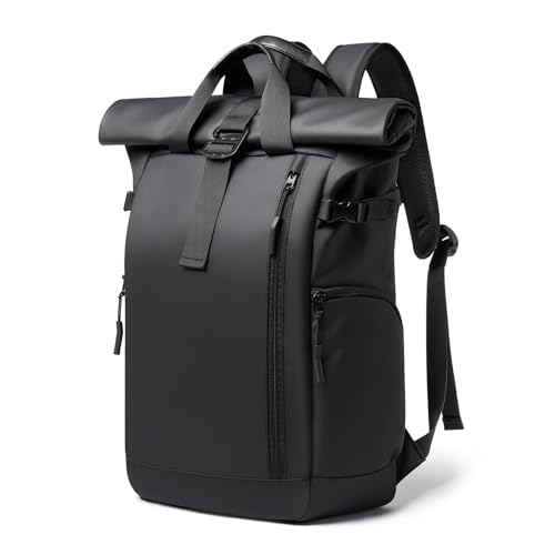 BJIAX Rolltop Rucksack Damen Großer Laptop Rucksack Herren Schwarz Wasserdichter mit Computerfach 16 Zoll Rucksäcke Schulrucksack Wasserfester Reiserucksack Handgepäck Flugzeug Arbeit Reisen von BJIAX