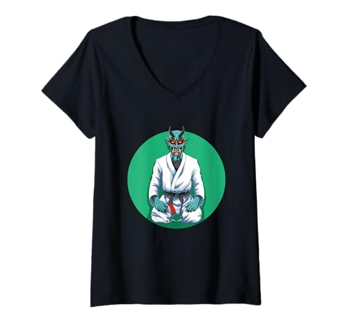Damen Jiu Jitsu MMA Judo Oni Dämon T-Shirt mit V-Ausschnitt von BJJ Jiu Jitsu Kleidung Kinder