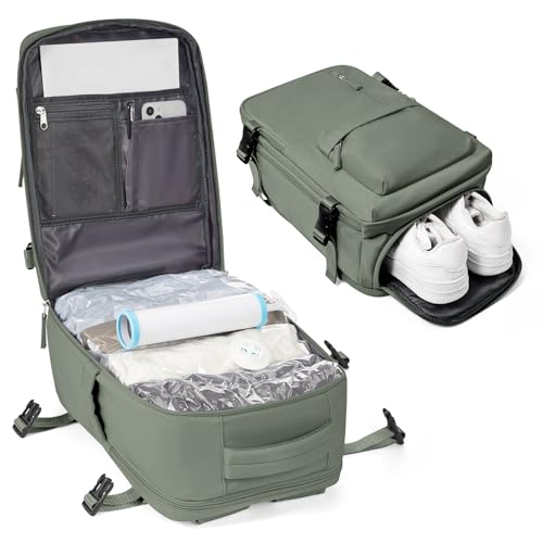 BJLFS Airbag Rucksack Vakuum mit Pumpe Rucksack Ryanair 40x20x25 Expandable Handgepäck Tragbare Kompressions-Vakuumbeutel Wasserdichter Reiserucksack Laptop-Businesstasche Olivgrün von BJLFS