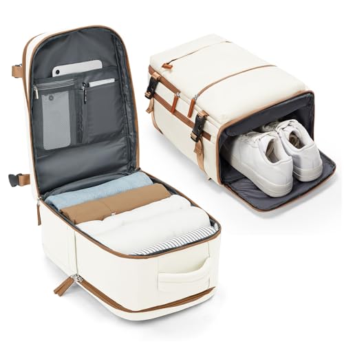 BJLFS Ryanair Handgepäck 40x20x25 Klein Reiserucksack Handgepäck Flugzeug Unter Sitz Handgepäck Tasche mit Schuhfach Handgepäck Tasche Damen Wasserdicht Rucksack für 14-Zoll-Laptop,Beige Braun von BJLFS