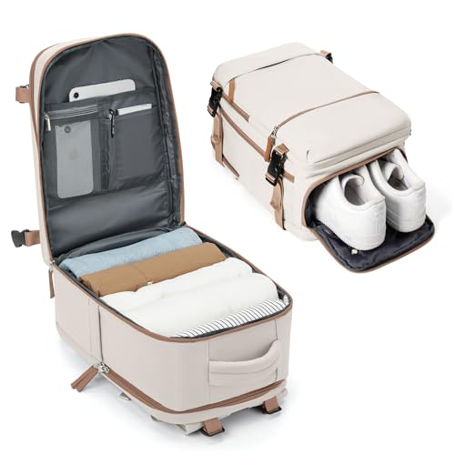 BJLFS Ryanair Handgepäck 40x20x25 Klein Reiserucksack Handgepäck Flugzeug Unter Sitz Handgepäck Tasche mit Schuhfach Handgepäck Tasche Damen Wasserdicht Rucksack für 14-Zoll-Laptop,Beige Braun von BJLFS
