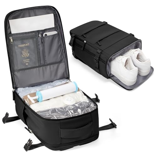 BJLFS Vakuum Rucksack Ryanair Handgepäck 40x20x25 Handgepäck Rucksack für Flugzeug Klein Reiserucksack Damen mit Schuhfach für Herren Wasserdicht Rucksacks mit Vakuumbeutel und Handpumpemit,Schwarz von BJLFS