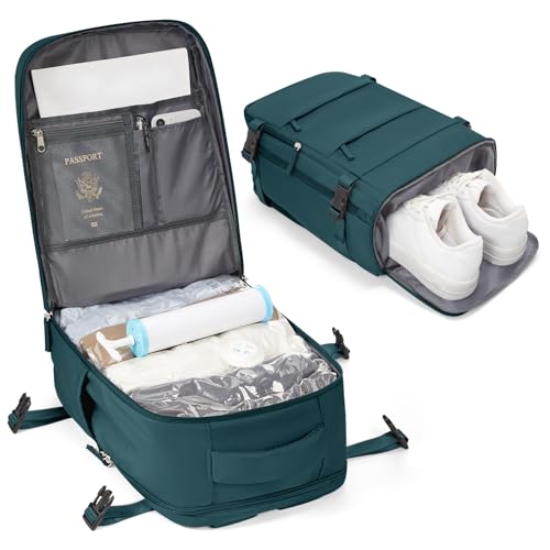 BJLFS Vakuum Rucksack Ryanair Handgepäck 40x20x25 Handgepäck Rucksack für Flugzeug Klein Reiserucksack Damen mit Schuhfach für Herren Wasserdicht Rucksacks mit Vakuumbeutel und Handpumpemit,Pfauenblau von BJLFS