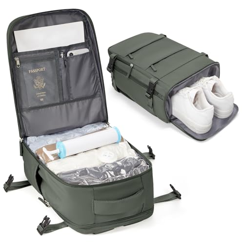 BJLFS Vakuum Rucksack Ryanair Handgepäck 40x20x25 Handgepäck Rucksack für Flugzeug Klein Reiserucksack Damen mit Schuhfach für Herren Wasserdicht Rucksacks mit Vakuumbeutel und Handpumpemit,Grün von BJLFS