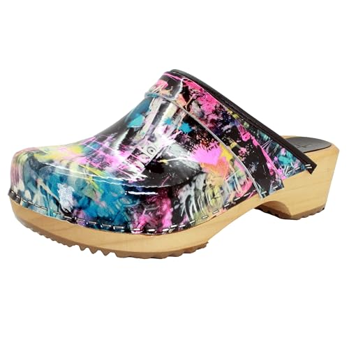 Bjork Maja Wood Open Back Leder Clogs, Graffiti II, 9-9.5 von BJORK Swedish Comfort