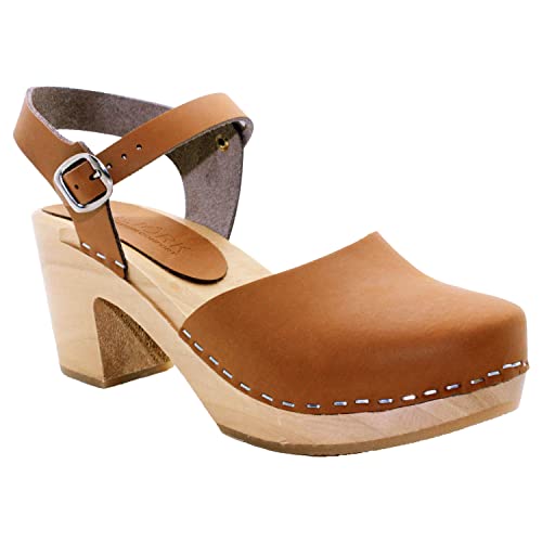 Bjork Margareta Holz-Clog-Sandalen mit mittlerem Absatz, Cognac, 42 EU von BJORK Swedish Comfort