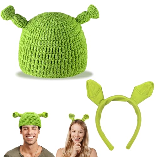 BJPERFMS Shrek Kostüm, Shrek Mütze und Ohren Haarreif, Shrek Kostüme Set, Handgestrickte Mütze, Shrek Cosplay Outfits, Kostüm für Erwachsen Fasching Karneval Cosplay Party von BJPERFMS