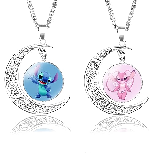 BJPERFMS Stitch Kette, 2 Stück Stitch Halskette, Stitch Mondsichel Halskettel, Stitch Necklace, Cartoon Anhänger Halskette, Paar Halskette, Halskette Anhänger Zubehör, Geschenke für Kinder von BJPERFMS