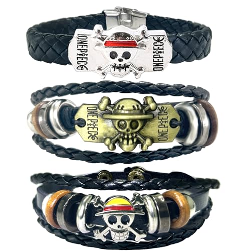 One Piece Armband, 3 Stück One Piece Geflochtenes Lederarmband, 21cm One Piece Bracelet, Cartoon Bettelarmband, Anime Schmuck, Geburtstag Geschenk für Mädchen Jungen von BJPERFMS