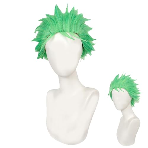 One Piece Zoro Cosplay Perücke Grün, Zorro Kostüm One Piece Grüne Perücke, Zorro One Piece Männer Perücke, One Piece Zorro Short Wig Grass Green Fluffy Men, Halloween Cosplay Costume Anime Perücke von BJPERFMS