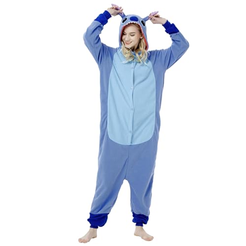 Stitch Onesie, Stitch Schlafanzug, Stitch Pyjama, Stitch Anzug, Stitch Jumpsuit Damen, Stitch Overall, Lilo Und Stitch Kostüm für Damen Herren, Erwachsene Schlafanzug Cosplay Fasching Karneval von BJPERFMS