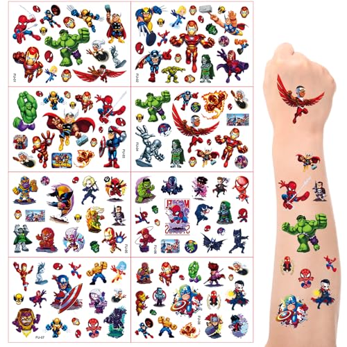 Tattoo Kinder, Superhelden Tattoo, 8PCS Marvel Kindertattoos, Temporäre Tattoos, Kindertattoos Hautfreundlich, Wasserdichte Gefälschte Tattoos, Superhelden Tattoo Aufkleber, für Party Deko von BJPERFMS