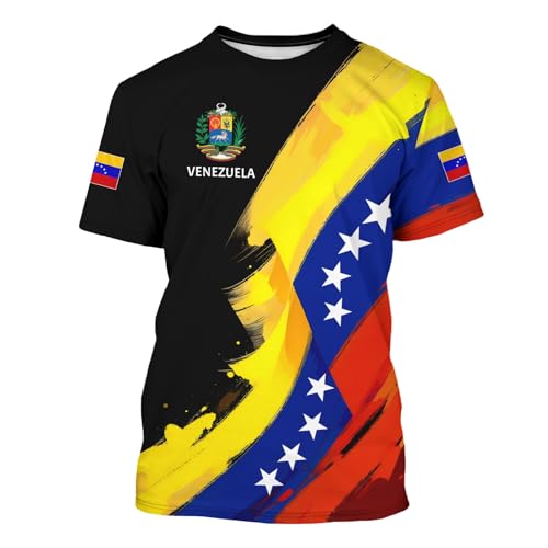 BJU T-Shirt mit Venezuela-Flagge, bedruckt, Rundhalsausschnitt, kurzärmelig, lässiges Oberteil, Unisex, Schwarz, Klein BJU T-Shirt mit Venezuela-Flagge, bedruckt, Rundhalsausschnitt, kurzärmelig, lässiges Oberteil, Unisex, Schwarz, Klein von BJU