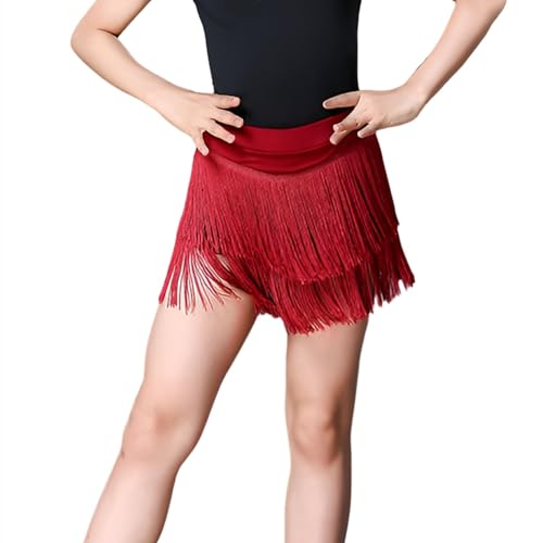 BK FASO Mädchen Kinder Fransentanz Hüftrock Mini geschichtete Quaste Swing Rock Latin Ballsaal Tango Performance, Dunkelrot, 10-11 Jahre von BK FASO