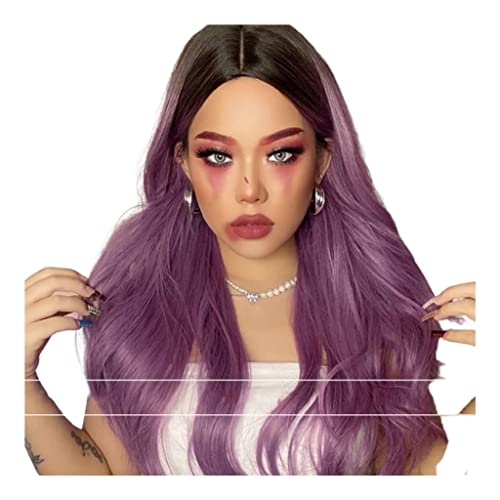 Perücken Perücke Natürliche Damenperücke Lang Wellig Farbverlauf Lila Und Rot Perücke Dehnbar Voluminös Gelockt Syntheseperücke Täglichen Party (Color : Purple, Size : 24in) von BKALIT