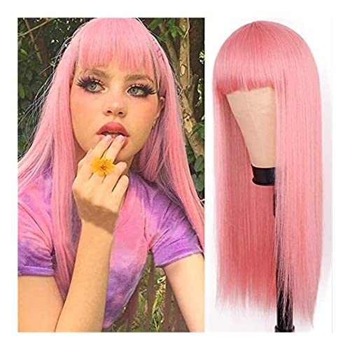 Perücken Perücke Natürliche Lange Glatte Kunsthaarperücken Mit Pony Damen Kostümperücke Haarersatzperücke Täglichen Party (Color : Pink, Size : 27in) von BKALIT