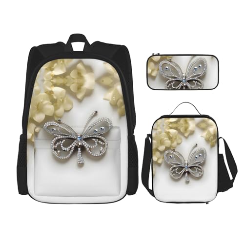 BKDODKS 3-in-1-Rucksack-Set mit Strasssteinen, Schmetterlings- und Blumendruck, Lunch-Tasche, Federmäppchen, lässiger Reiserucksack für Männer und Frauen, Schwarz, Einheitsgröße von BKDODKS
