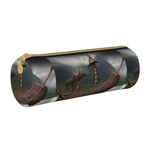 BKDODKS Federmäppchen aus Leder mit Wikinger-Boot-Aufdruck, für Herren und Damen, mit Reißverschluss, leicht von BKDODKS