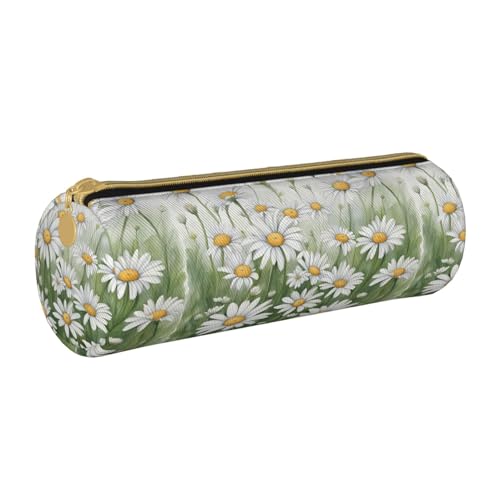 BKDODKS Federmäppchen für Erwachsene, Leder, mit Gänseblümchen-Aufdruck, leicht, für Herren und Damen, mit Reißverschluss, Weiß von BKDODKS