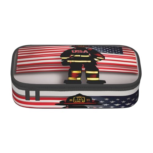 BKDODKS Multifunktionales Federmäppchen, Motiv: Feuerwehrmann mit USA-Flagge, Rot gestreift, Schreibwaren, Aufbewahrungstasche, Zubehör für Erwachsene von BKDODKS