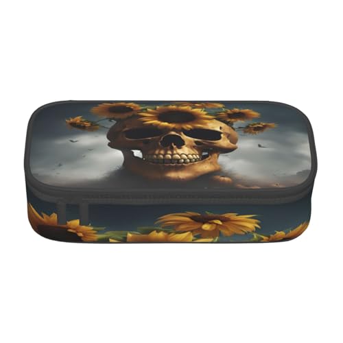 BKDODKS Multifunktionales Federmäppchen mit Sonnenblumen-Motiv und Totenkopf-Aufdruck, Schreibwaren, Aufbewahrungstasche, Zubehör für Erwachsene von BKDODKS