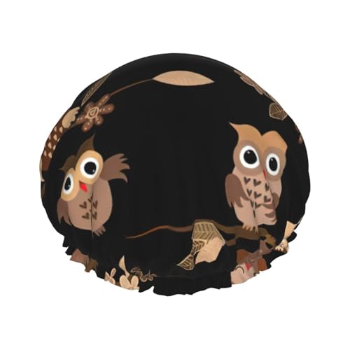 Süße braune Cartoon-Eulen-Druck-Duschhaube für Frauen, leicht, wiederverwendbar, weich, doppelt, wasserdicht, auslaufsicher. von BKDODKS