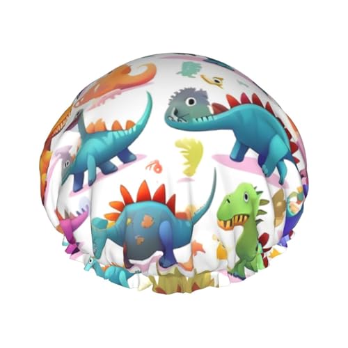 Viele bunte Cartoon-Dinosaurier-Druck-Duschhaube für Frauen, leicht, wiederverwendbar, weich, doppelt, wasserdicht, auslaufsicher. von BKDODKS
