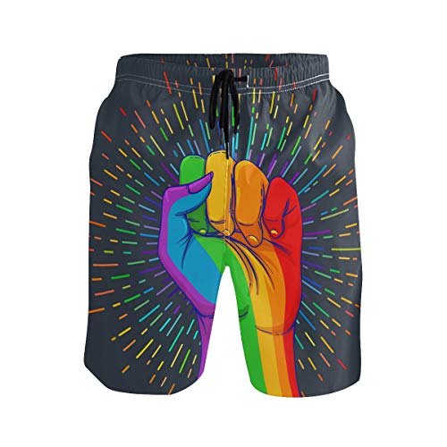 BKEOY Shorts Gay Pride Regenbogen Faustmuster Herren Strand Shorts Sommer schnell trocknend Surf Board Badehose mit Netzfutter Gr. L/XL, multi von BKEOY