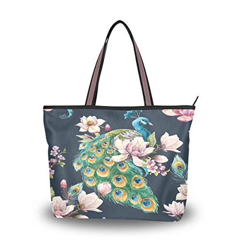 BKEOY große Damen-Handtasche, Schultertasche, Laptoptasche, Frühling, Blumenmuster, Pfau, Aquarell, Tragetasche, Reißverschluss, Shopper, Organizer, Gepäck, Mehrfarbig - multi - Größe: Medium von BKEOY