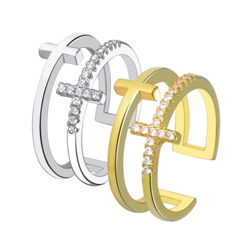 BKEPDY Kreuz Ringe Set Offener Damenring Kristall Schmuck Verstellbar Zweireihig Doppelring Glänzend Schmuckset von BKEPDY