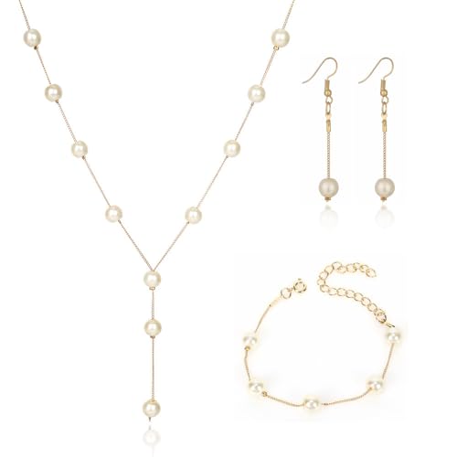 BKEPDY Schmuckset Elegante Perlen Ykette Halskette Ohrringe Armband Damen Brautschmuck Hochzeit Schmuck Set Klassisch von BKEPDY