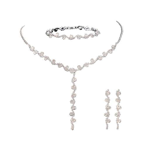 BKEPDY Wellenform Kristall Schmuckset Halskette Armband Ohrringe Brautschmuck Hochzeitsschmuck Damenschmuck Eleganter Schmuck Glänzender Strass von BKEPDY