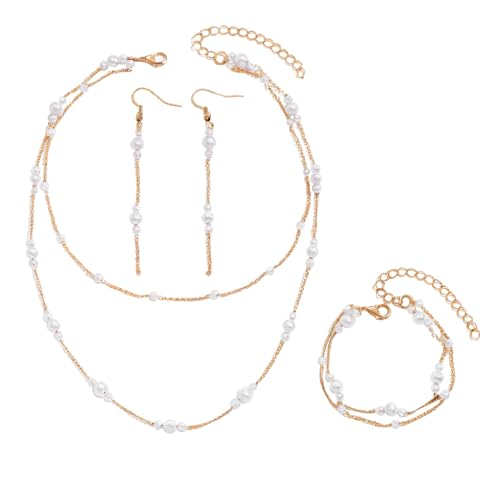 BKEPDY Mehrreihig Perlenkette Schmuckset Damen Halskette Armband Ohrringe Kombination Elegant Hochwertig Zeitlos Schmuck von BKEPDY