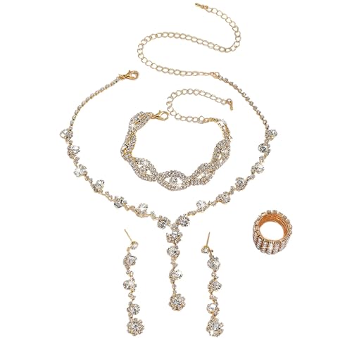 BKEPDY 4 Stück Schmucksets für Damen Strass Ohrringe Armband Halskette und Ring Schmuck Set Hohe Qualität Kleiderschmuck oder Alltagsschmuck von BKEPDY