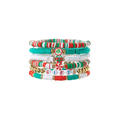 BKEPDY 6 Stück Weihnachten Armbänder Set Polymer Clay Freundschaftsarmbänder mit Schneeflocken und Elch Stapelbare Perlenarmbänder (Farbe-3) von BKEPDY