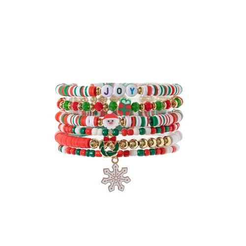 BKEPDY 6 Stück Weihnachten Armbänder Set Polymer Clay Freundschaftsarmbänder mit Schneeflocken und Elch Stapelbare Perlenarmbänder (Farbe-4) von BKEPDY