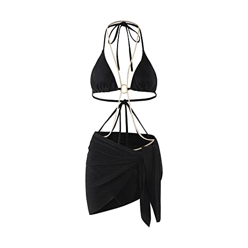 BKEPDY Bikini Damen Set Triangle Neckholder mit Goldkette Bikiniset Wickelrock Badebekleidung Zweiteilig Strandmode Badeanzug Gerippt Neckholder Swimwear Swimsuit von BKEPDY