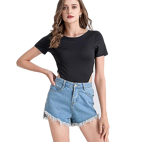 BKEPDY Body Damen Kurzarm Rundhalsausschnitt Bodysuit Faszinierend Kurze Ärmel Eleganz One Piece Tshirt Slim Fit Overall Jumpsuit Einteilig Schwarzer Bodys Für Damen(Schwarz M) von BKEPDY