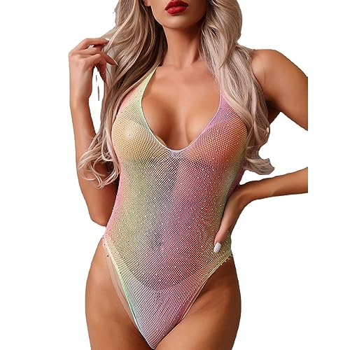 BKEPDY Body Neckholder Damen Ärmellos Bodysuit V Ausschnitt Mesh Leotard Stretchy Cutout Fischnetz Oberteil Sexy Tank Top Damenbodys Tops Schwarz Jumpsuit Clubwear Elastisch von BKEPDY