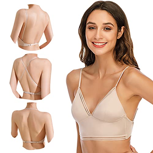 BKEPDY Damen BH mit Tiefem Rücken für Frauen Deep V Multiway Plunge Bra Push-Up BH Unterwäsche Rückenfreier BHS Unterwäsche Abnehmbar Wandelbarer Träger (Beige M (34/75ABC)) von BKEPDY