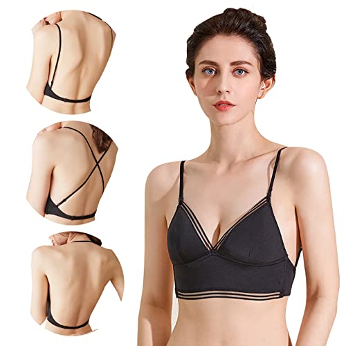 BKEPDY Damen BH mit Tiefem Rücken für Frauen Deep V Multiway Plunge Bra Push-Up BH Unterwäsche Rückenfreier BHS Unterwäsche Abnehmbar Wandelbarer Träger (Schwarz L (36/80ABC)) von BKEPDY