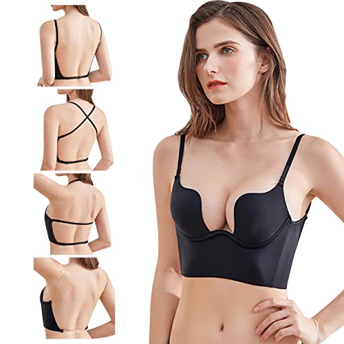 BKEPDY Damen BH ohne Buegel Tiefer V-förmiger Push Up BH Komfort Glättende Frau Nahtlos BHS Sexy Tief Ausgeschnittene Unterwäsche mit Wandelbaren Transparenten Trägern (Schwarz 34/75AB) von BKEPDY