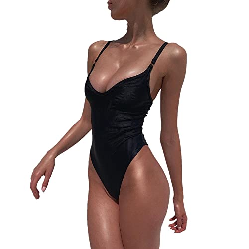 BKEPDY Damen Badeanzug One Piece Badeanzug Mädchen V Ausschnitt Badebekleidung Bademode Damen mit Bauchkontrolle Verstellbaren Sexy Swimsuits Rückenfrei Bodysuit für Schwimmen (Schwarz L) von BKEPDY