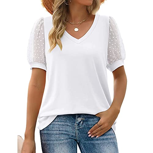BKEPDY Damen Bluse Kurzarm Oberteile Tshirt Damen Elegant Puff-Kurzarm Tops Schweizer Punkte Chiffon Blusen Damen Sommer Bluse Tops(Weiß XL) von BKEPDY