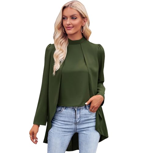 BKEPDY Damen Blusen CasualLangarm Oberteile Elegant Business Chiffonbluse Schluppenshirt Stehkragen mit Rüschen Langarmshirts Knöpfen Festlich Tops (Grün L) von BKEPDY