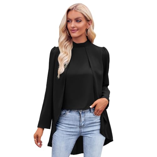 BKEPDY Damen Blusen CasualLangarm Oberteile Elegant Business Chiffonbluse Schluppenshirt Stehkragen mit Rüschen Langarmshirts Knöpfen Festlich Tops (Schwarz XL) von BKEPDY