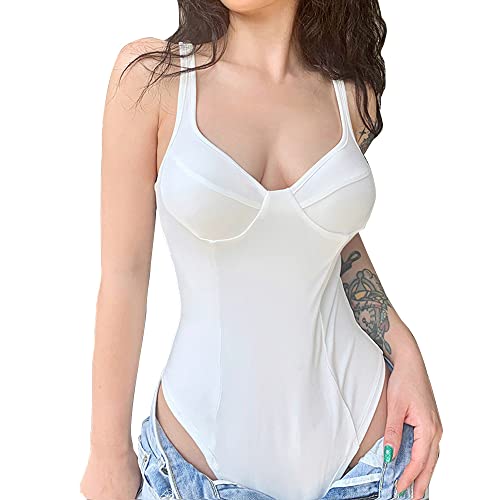 BKEPDY Damen Body Bodysuit Ärmellos V Kragen Slim Bodies Oberteil Overall Sexy Unterziehbody Blusebody Elegant Schmal Bodys Tops Classics Damen Top Jumpsuit (Weiß L) von BKEPDY